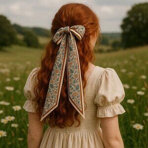 Slim Scarf Teal Mustard Boho Paisley Cream 34 inches Neck Hair Bag Wrap No 42